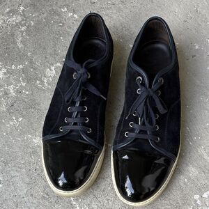 Lanvin DBB1 navy blue suede with black patent leather toe cap